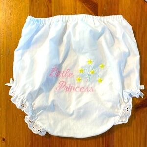 Alexis, infant girl diaper cover bloomers, “Little Princess”, lace trim